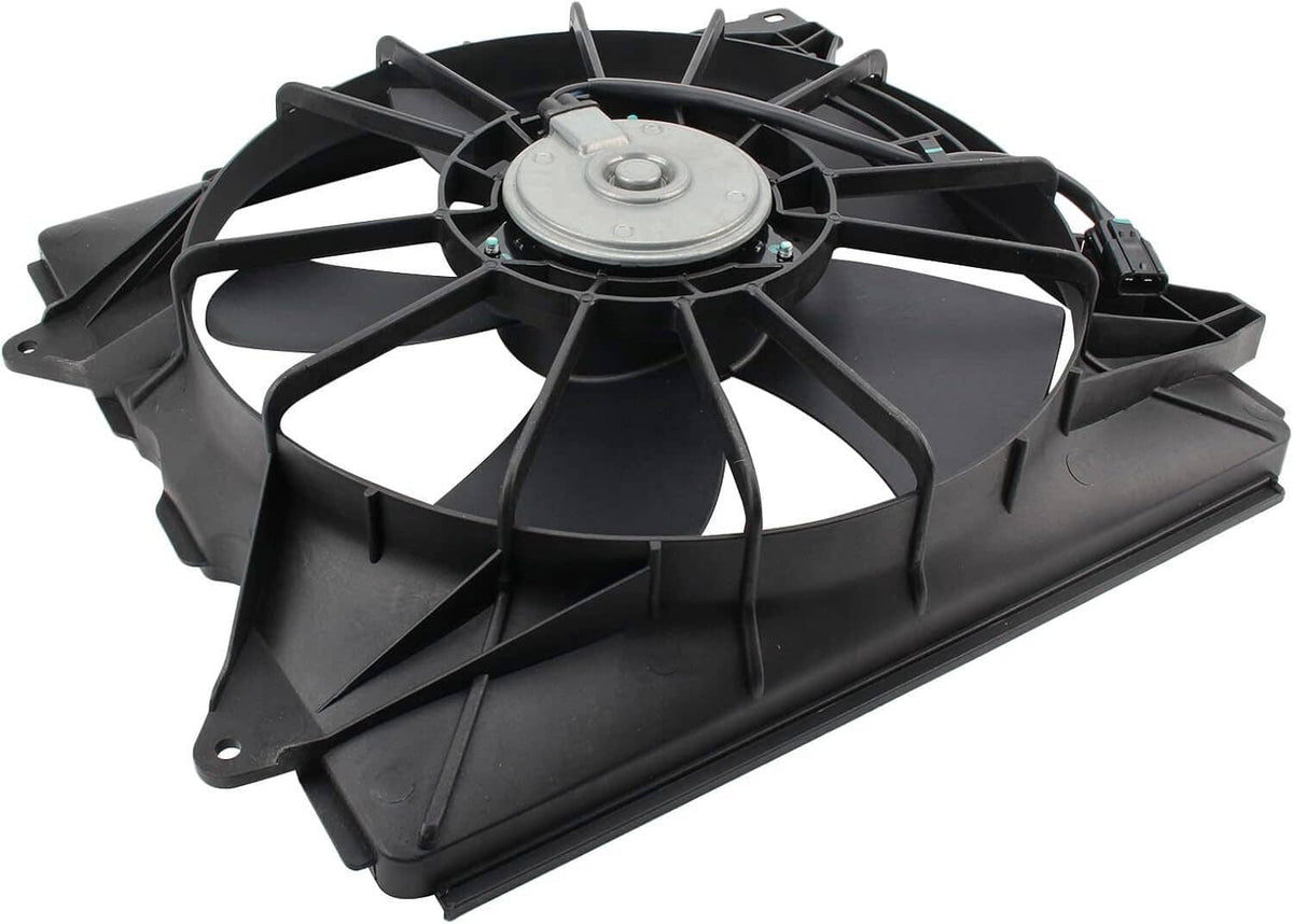 Black A/C condenser cooling fan with circular motor and blade grille housing
