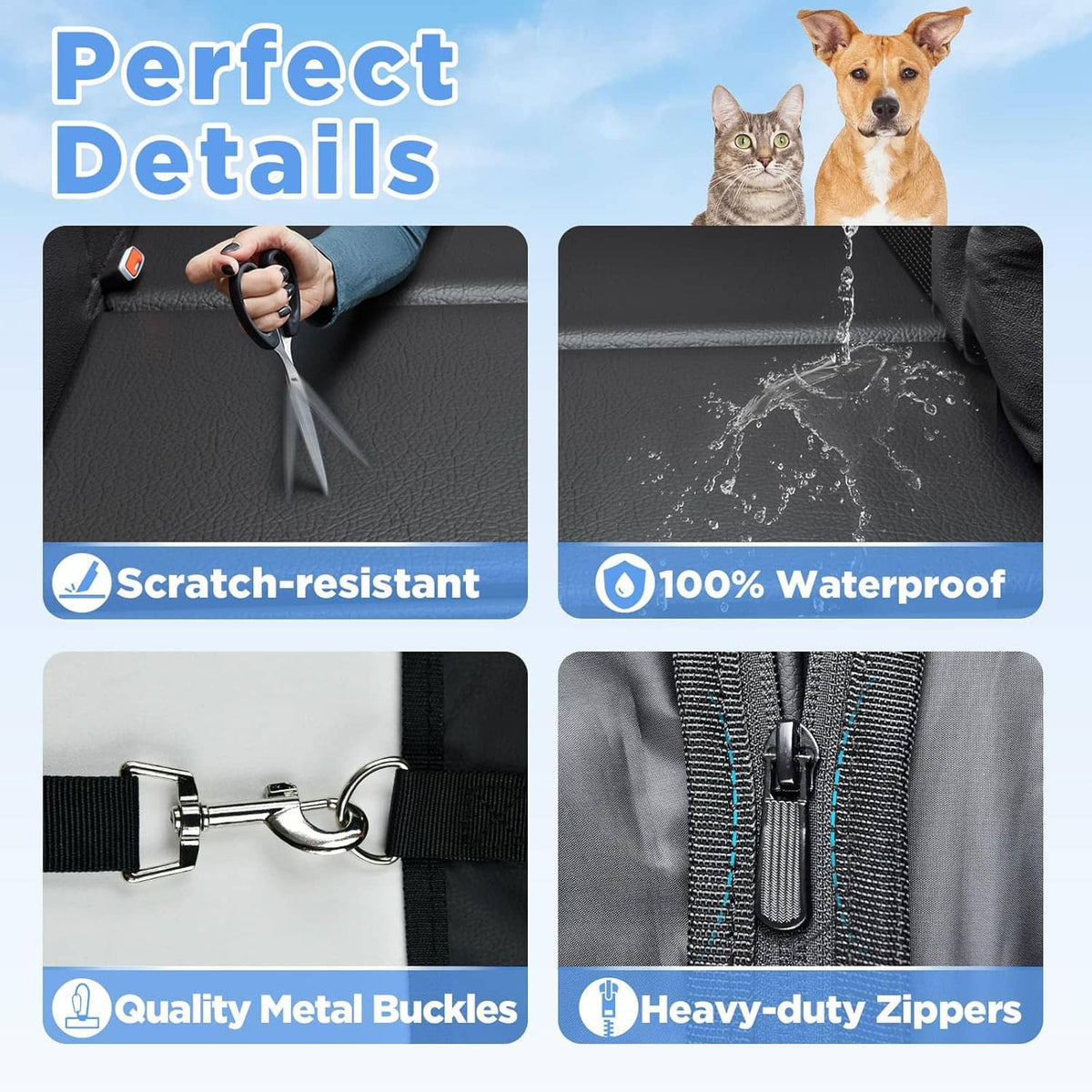 Waterproof dog car seat cover with scratch-resistant surface, heavy-duty zipper, metal buckles