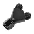 Black AN flare Y-block union splitter with three threaded ports, compact metal body