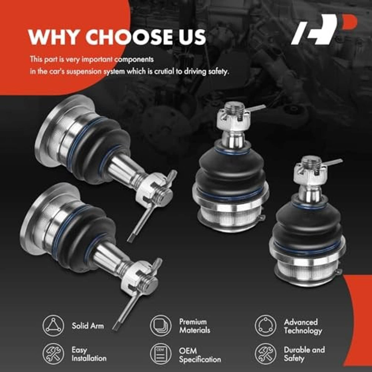 Ball joints kit with four ball joint assemblies and black rubber boots
