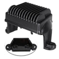Black voltage regulator rectifier with finned heat sink and side mounting brackets