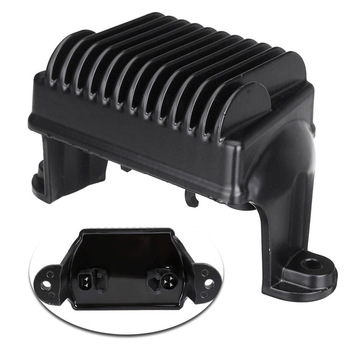 Black voltage regulator rectifier with finned heat sink and side mounting brackets