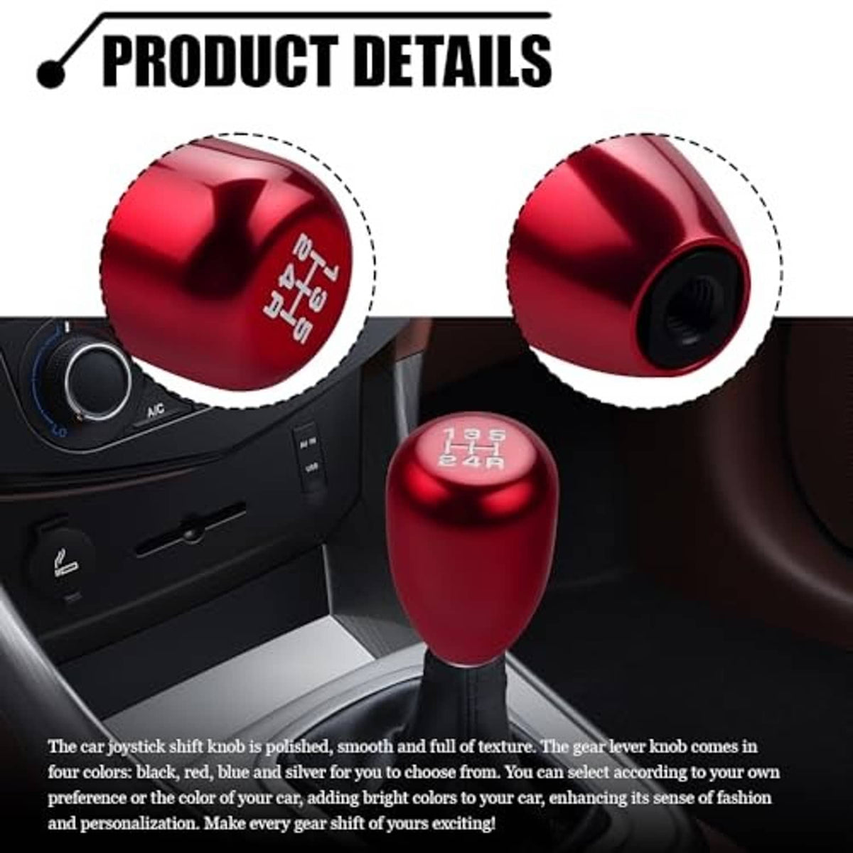 Red shift knob detail with engraved 1-5 and R and threaded adapter end