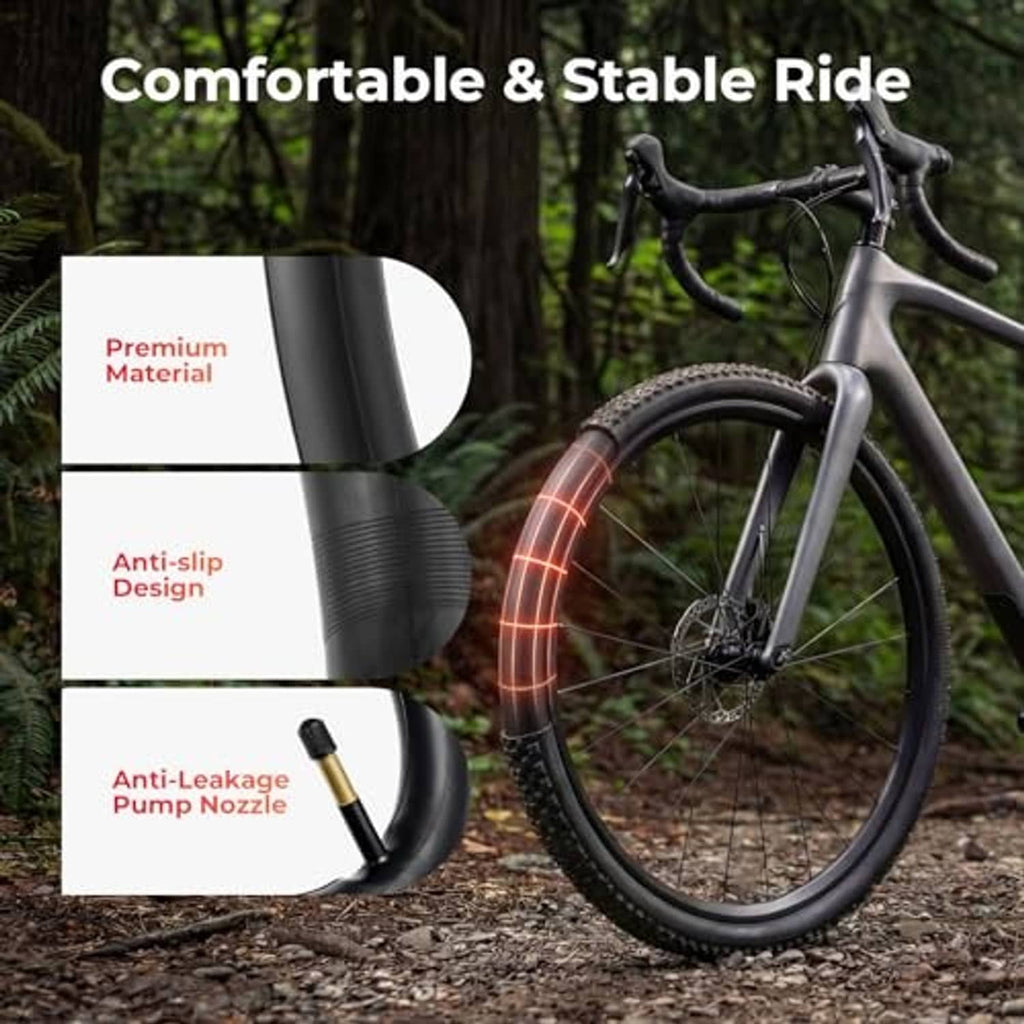 Black bike inner tube concept graphic with valve, shown beside a bicycle wheel