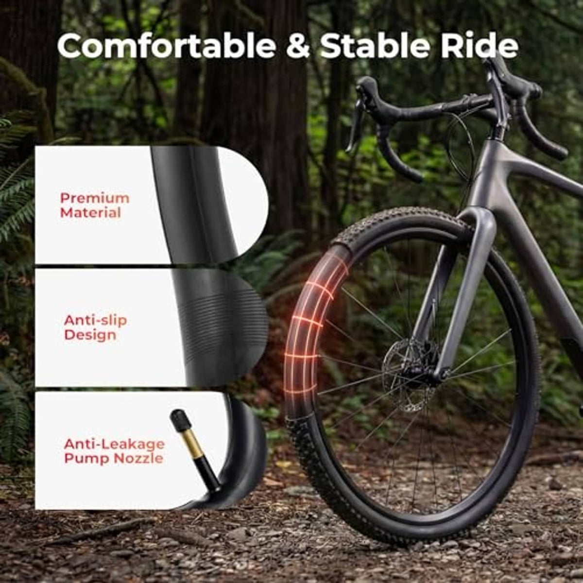 Black bike inner tube concept graphic with valve, shown beside a bicycle wheel