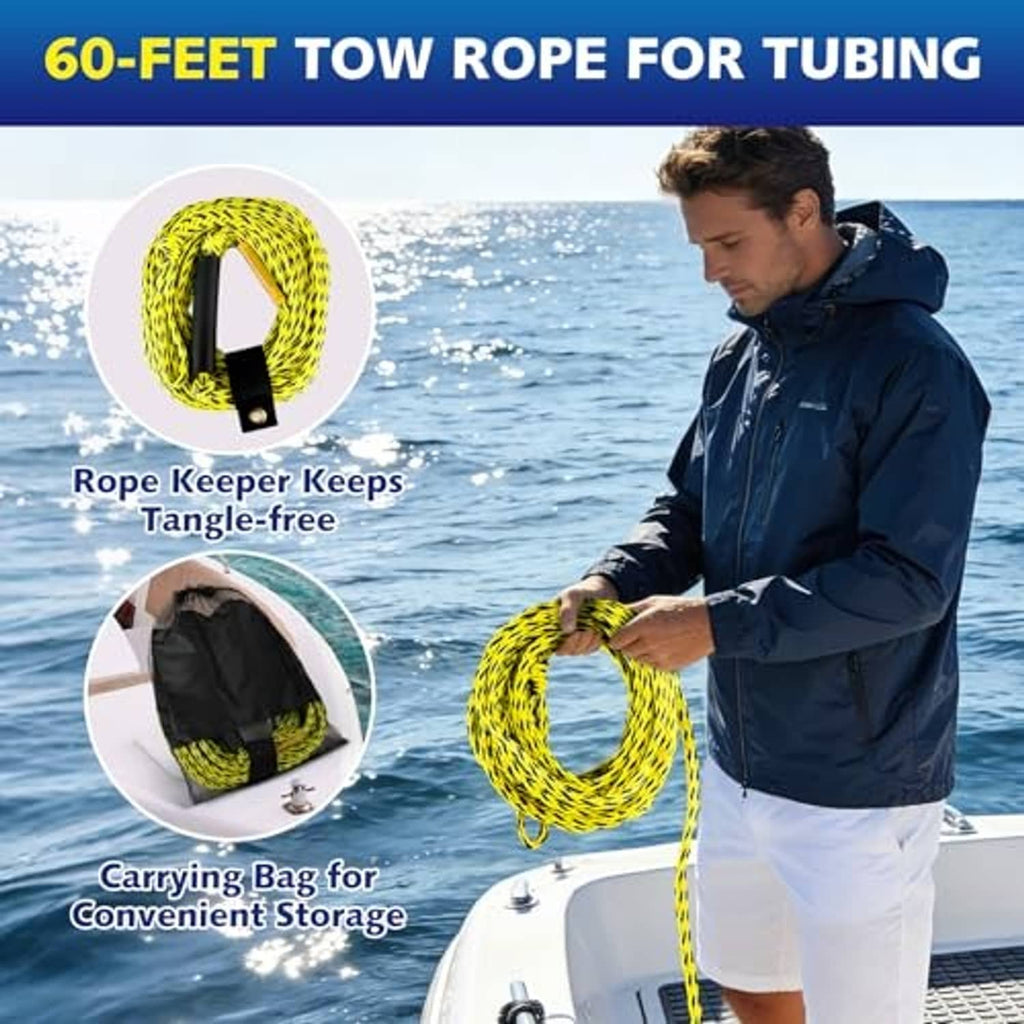Yellow-and-black braided tow rope with black connector end, held near a boat.