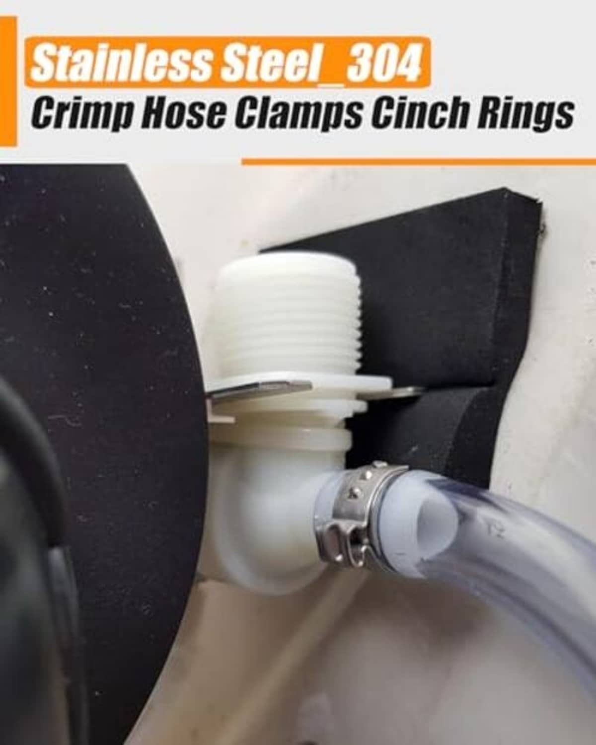 Single-ear stainless hose clamp crimped on ribbed plastic tubing
