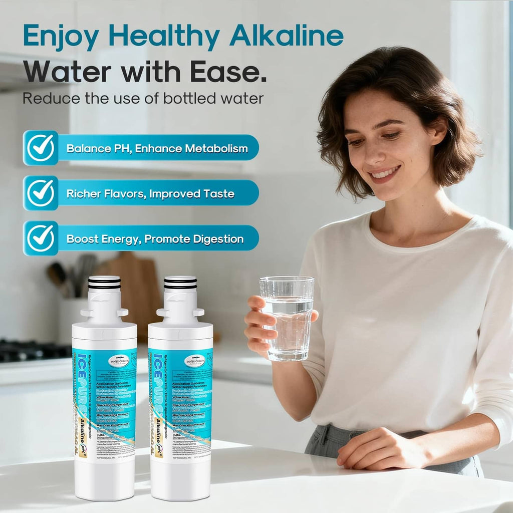 Two white alkaline water filter cartridges with blue labels, woman holding water glass