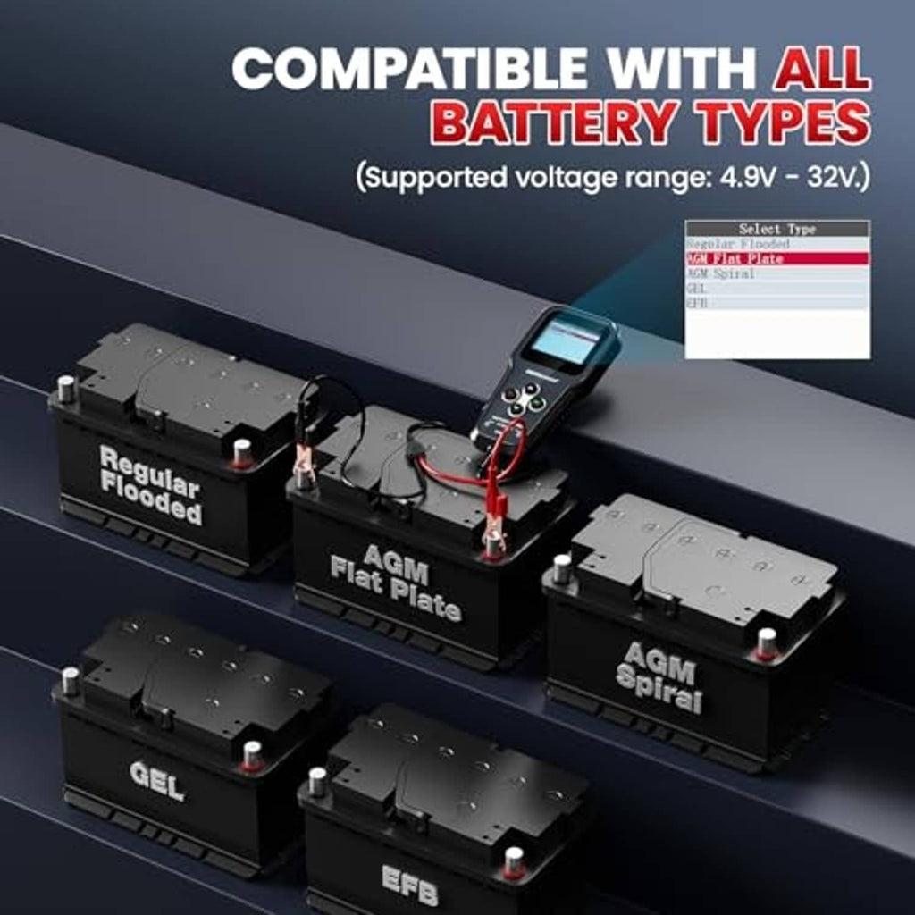 Handheld car battery tester connected to battery terminals, with clamp leads