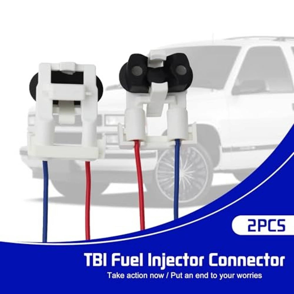 TBI fuel injector connector pair with white housings and red/blue wires
