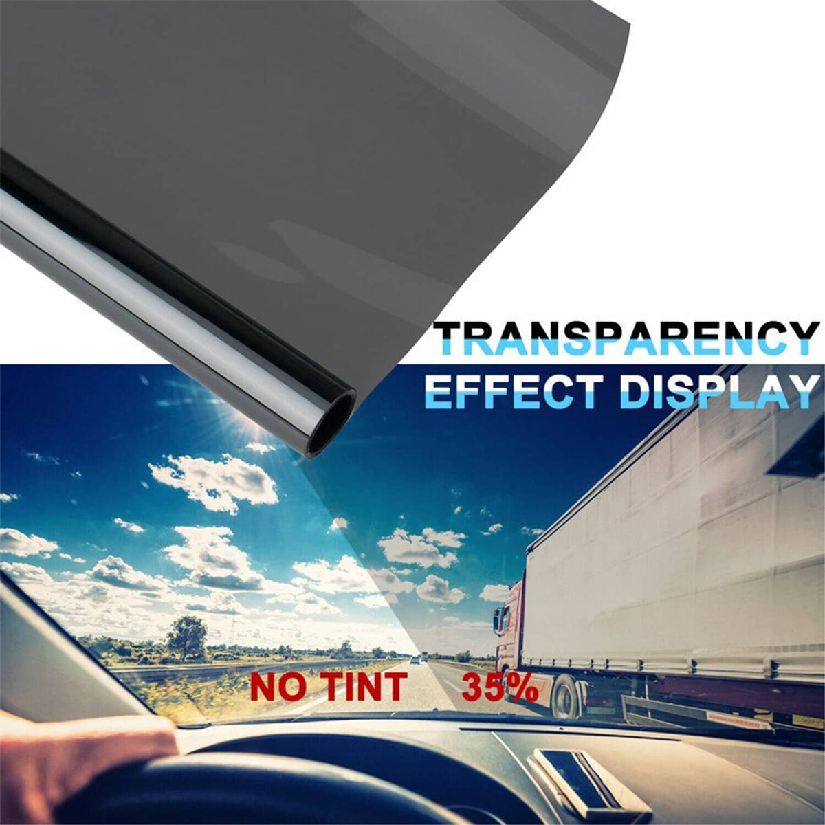 Window tint film transparency effect, 35% visible light transmission on vehicle glass.