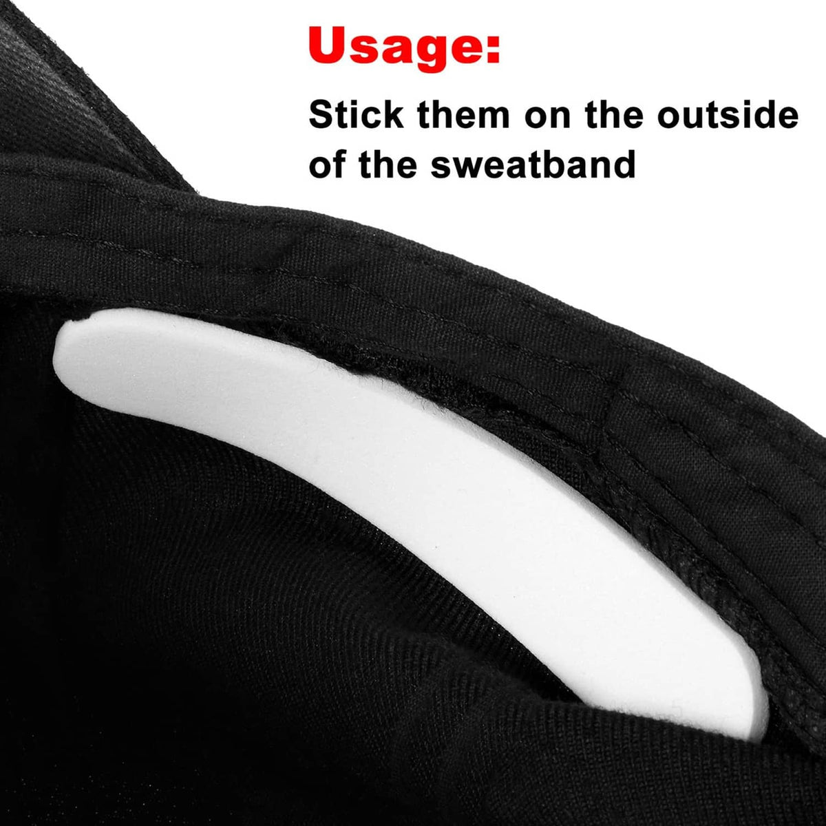 Hat size reducer insert adhered inside hat sweatband, black foam with white backing