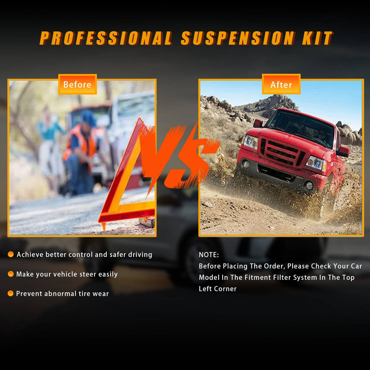 Suspension kit graphic with off-road truck before and after control improvements.