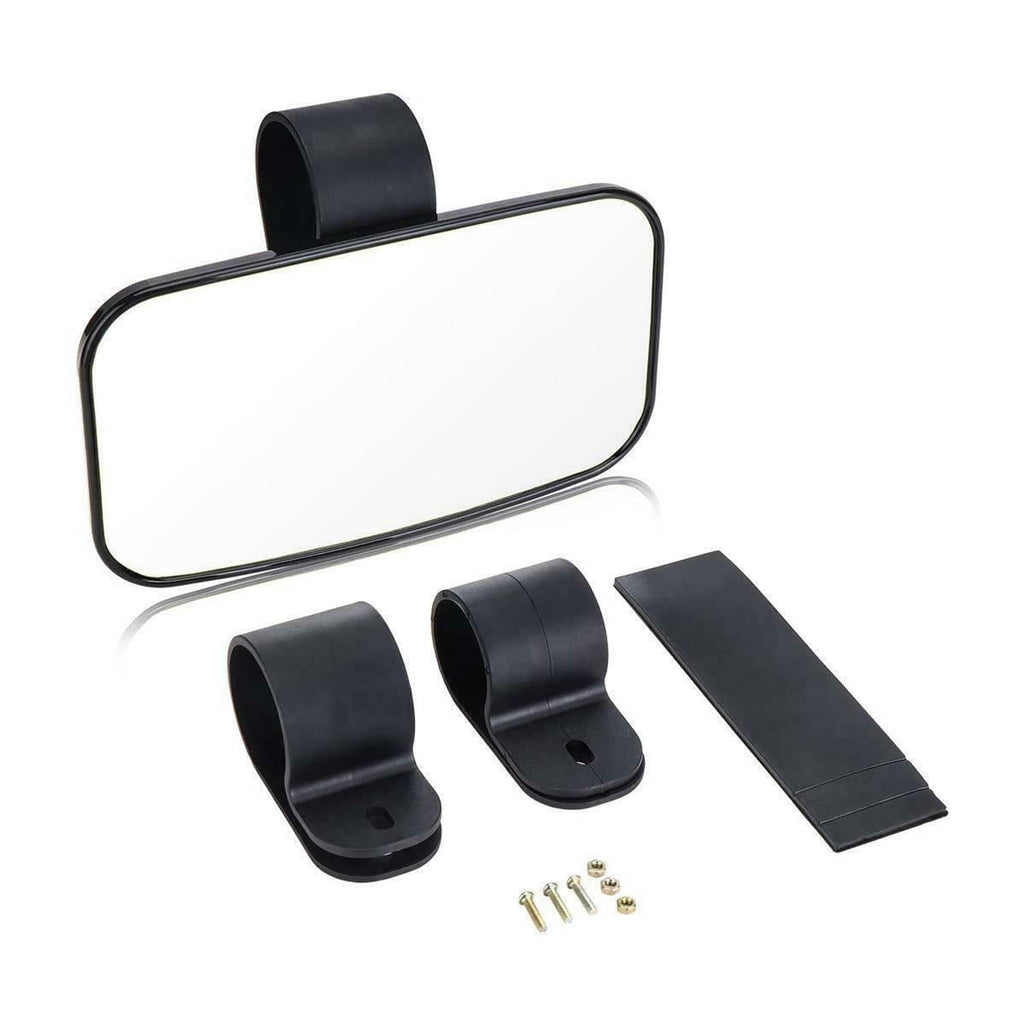UTV center mirror kit with black frame, mounting straps, and included screws