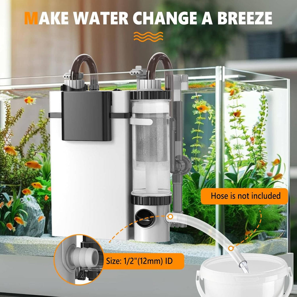 Hang-on-back aquarium filter with transparent filter chamber and hose outlet