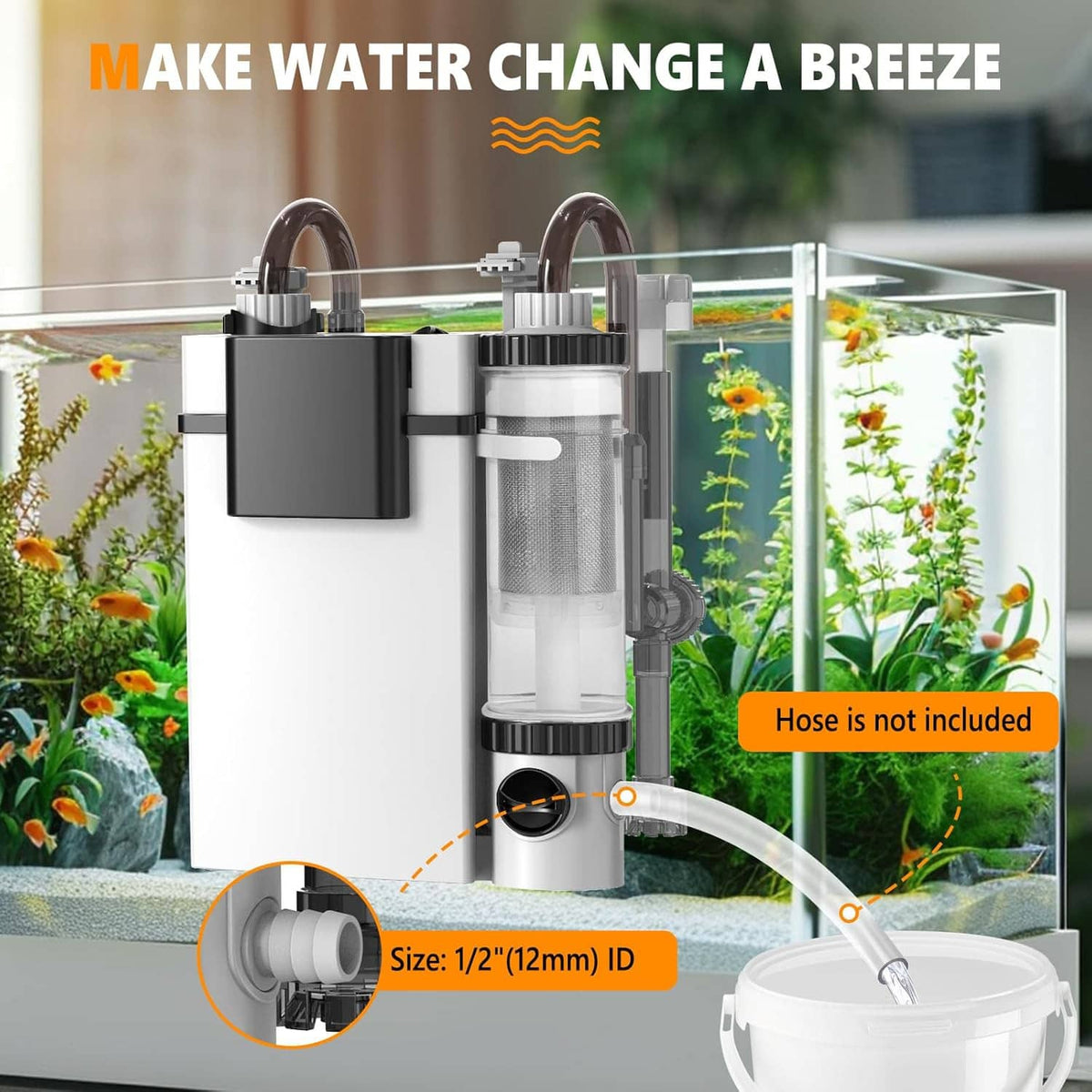 Hang-on-back aquarium filter with transparent filter chamber and hose outlet