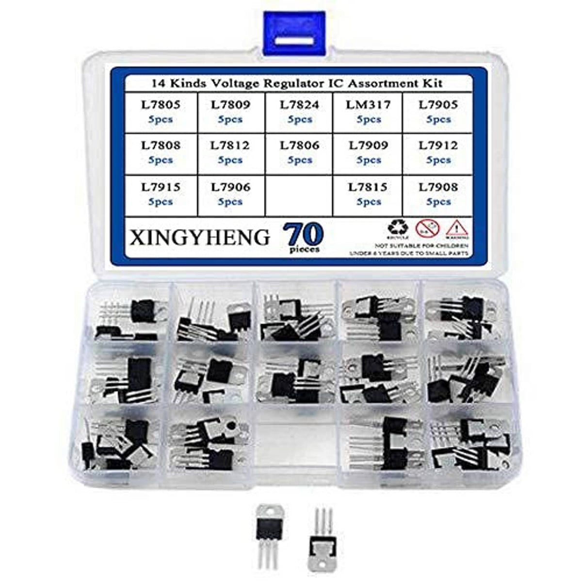 Voltage regulator IC assortment kit case with assorted regulator chips and two loose parts