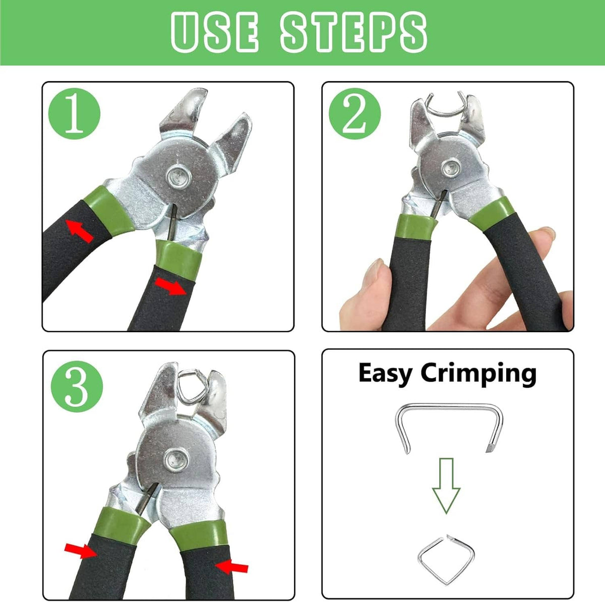 Bent hog ring pliers shown crimping curved hog rings with step-by-step use