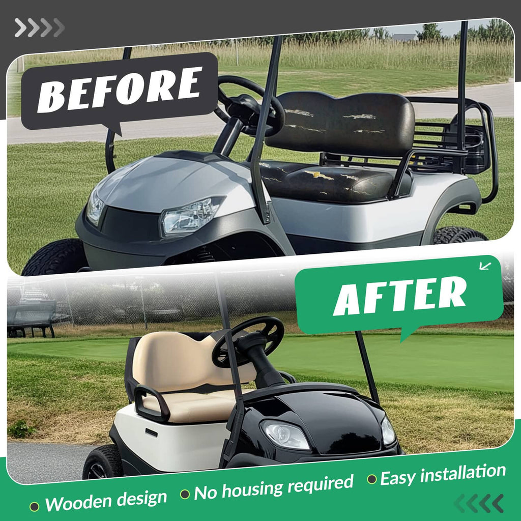 Golf cart front seat showing beige seat backrest cushion outdoors