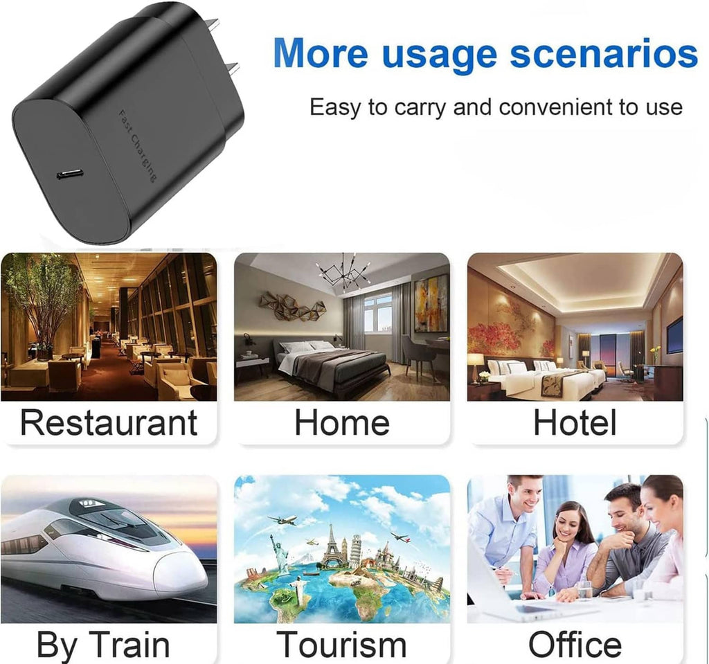 Black USB-C wall charger with compact plug for easy portability