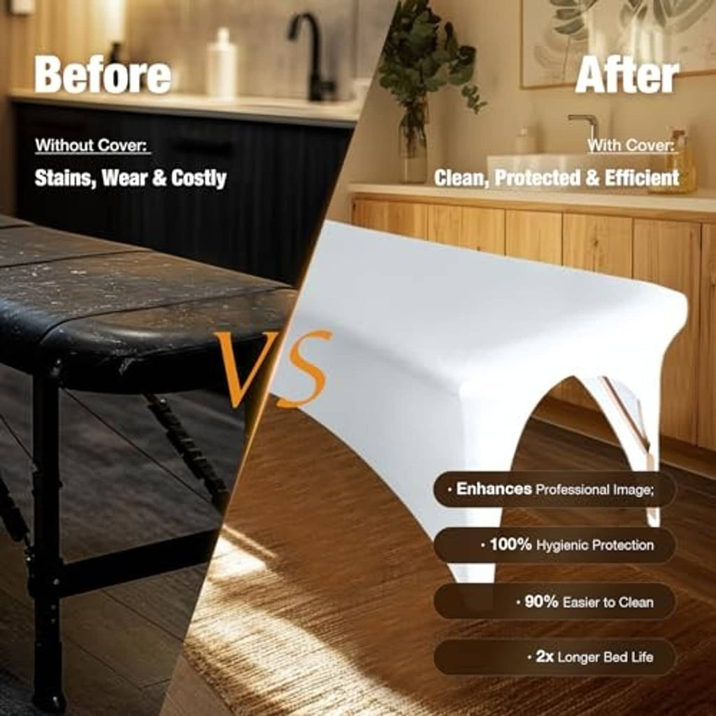 White spa bed cover protecting a treatment bed; before and after layout