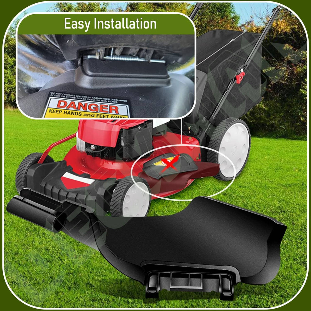 Black lawn mower side discharge chute attached to mower deck with warning label