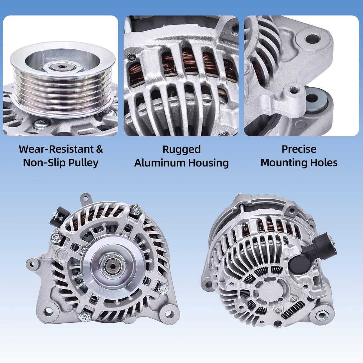 Alternator featuring machined pulley, aluminum housing, and mounting holes