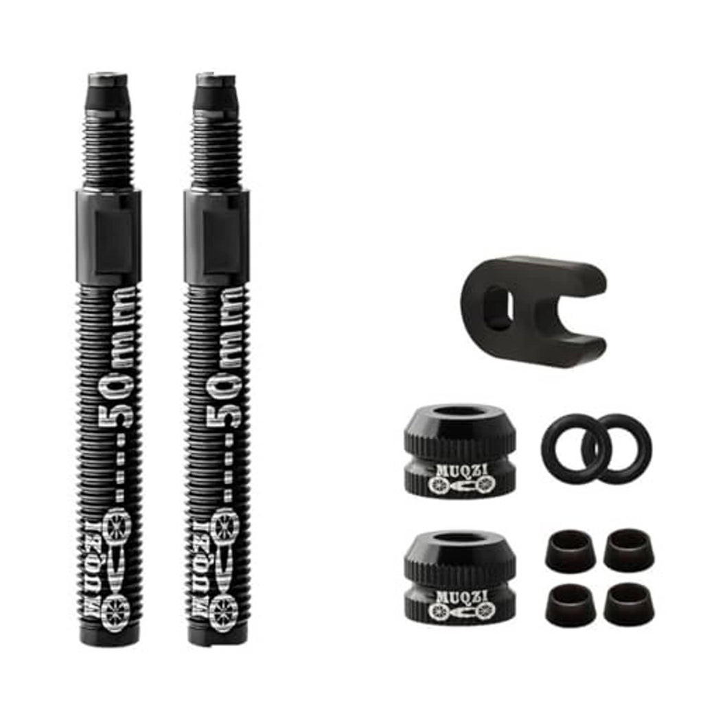 Bicycle tubeless valve adapter kit with black stems, bracket, caps, and O-rings