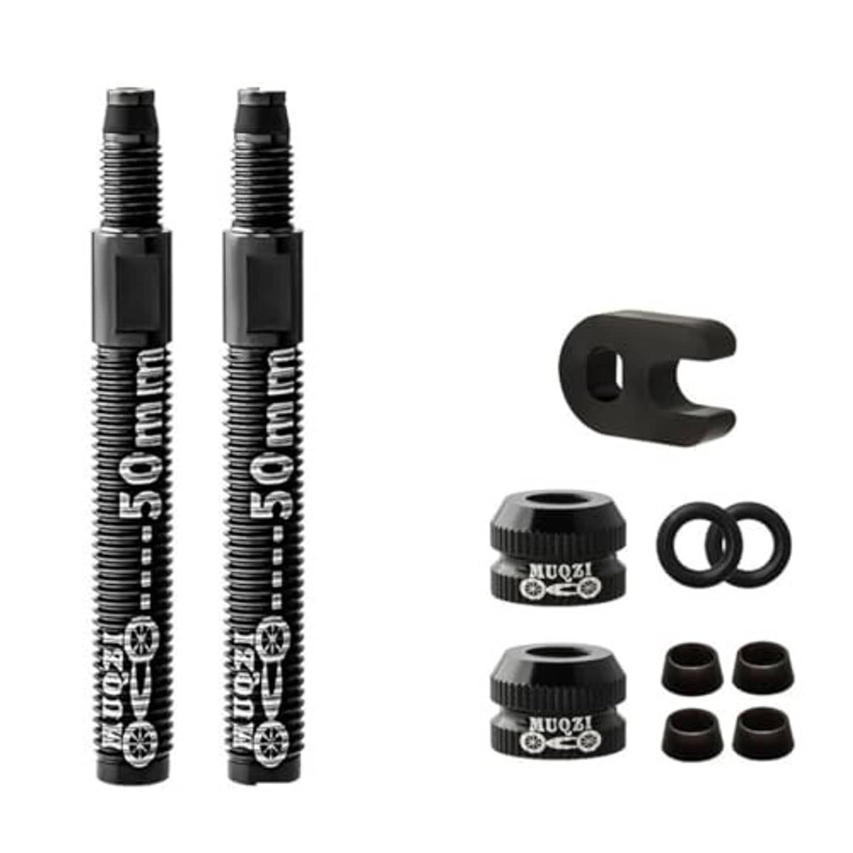 Bicycle tubeless valve adapter kit with black stems, bracket, caps, and O-rings
