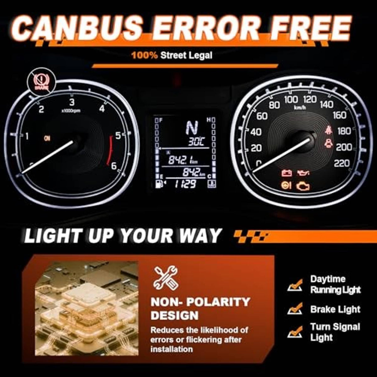 Canbus error-free red LED rear reflector light graphic showing multiple light functions