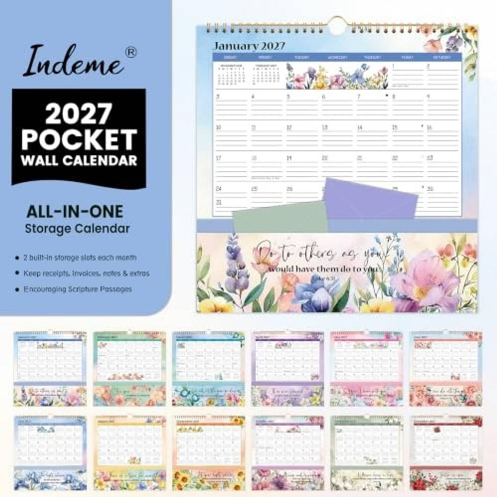 Indeme 2027 pocket wall calendar, all-in-one storage calendar with hanging loop