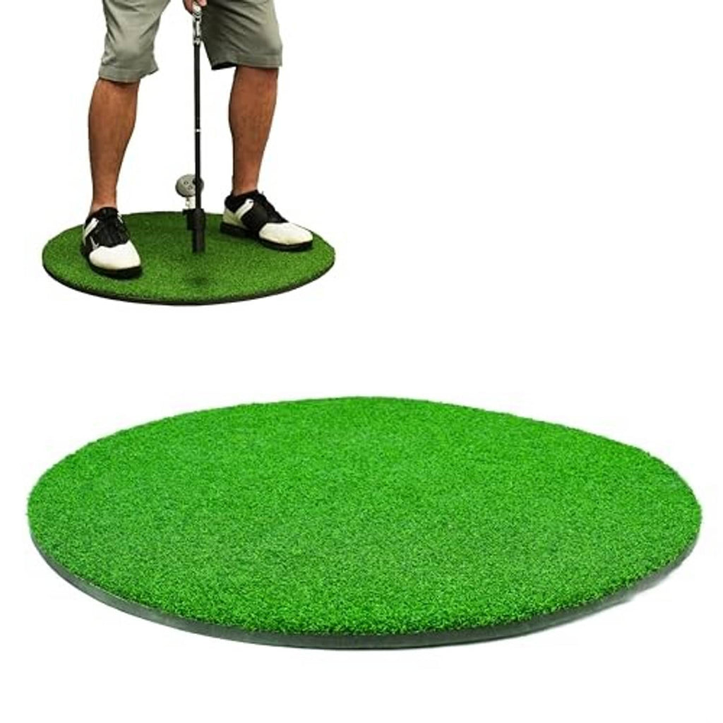 Round green synthetic grass hitting mat with foam base, full mat view