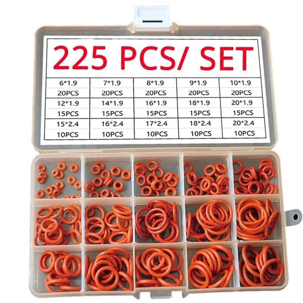 Clear plastic box of red silicone O-rings, 225 pcs in 15 size rows