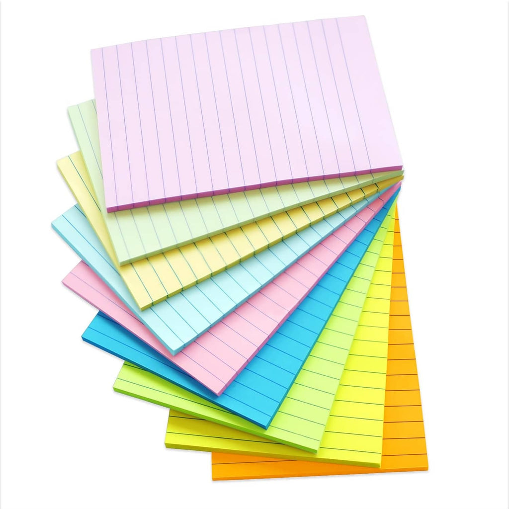 Pile of assorted 4x6 lined sticky notes in pastel purple, green, blue and pink