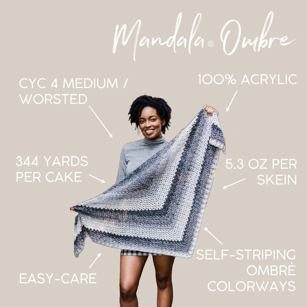 Lion Brand Mandala Ombré variegated yarn shown as a striped crochet blanket sample