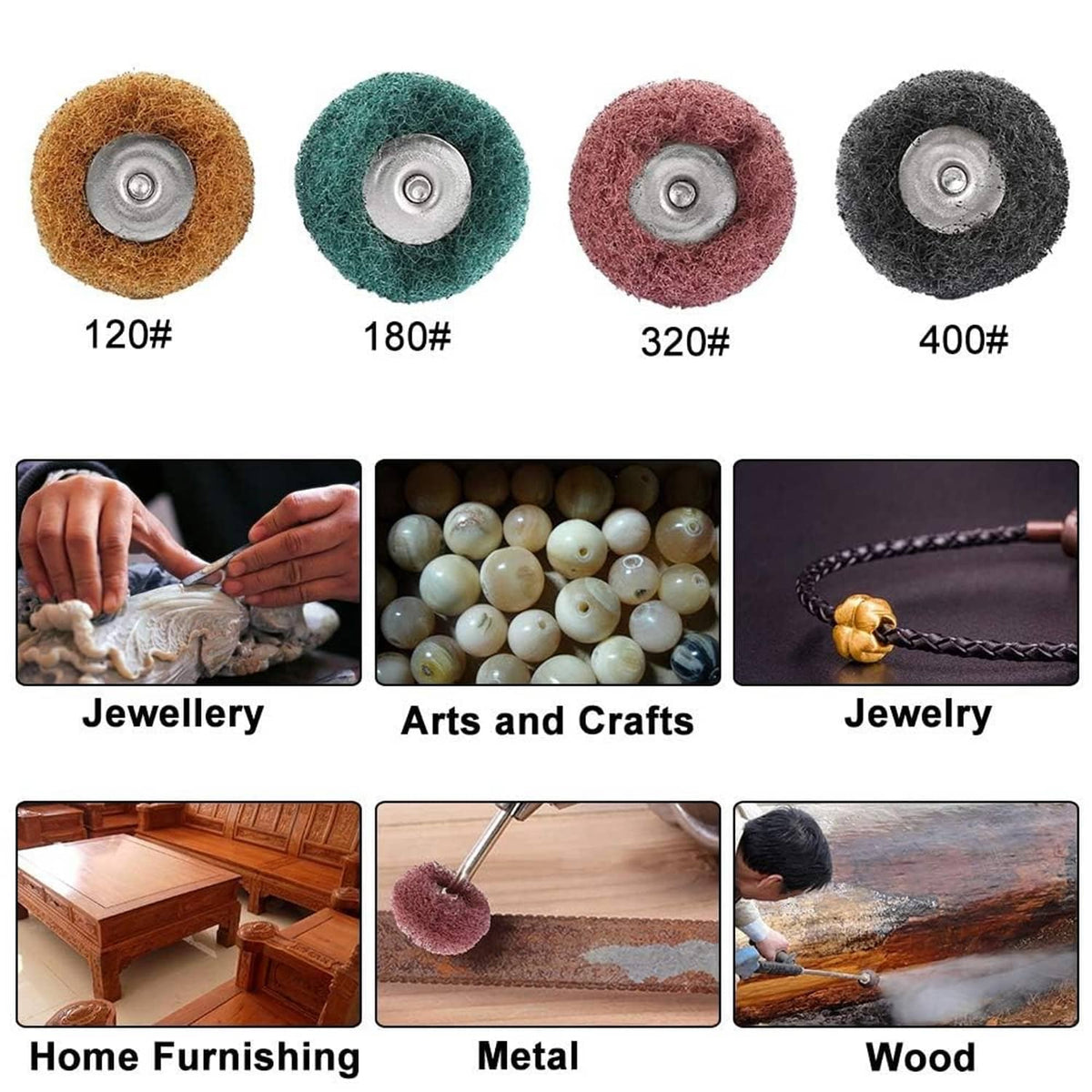 Four abrasive buffing wheels with grit markings 120#, 180#, 320#, and 400#.