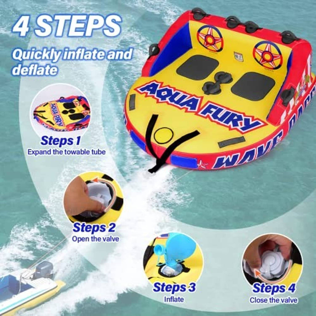 Inflatable towable boat tube in red, yellow, and blue with valve and four carry handles