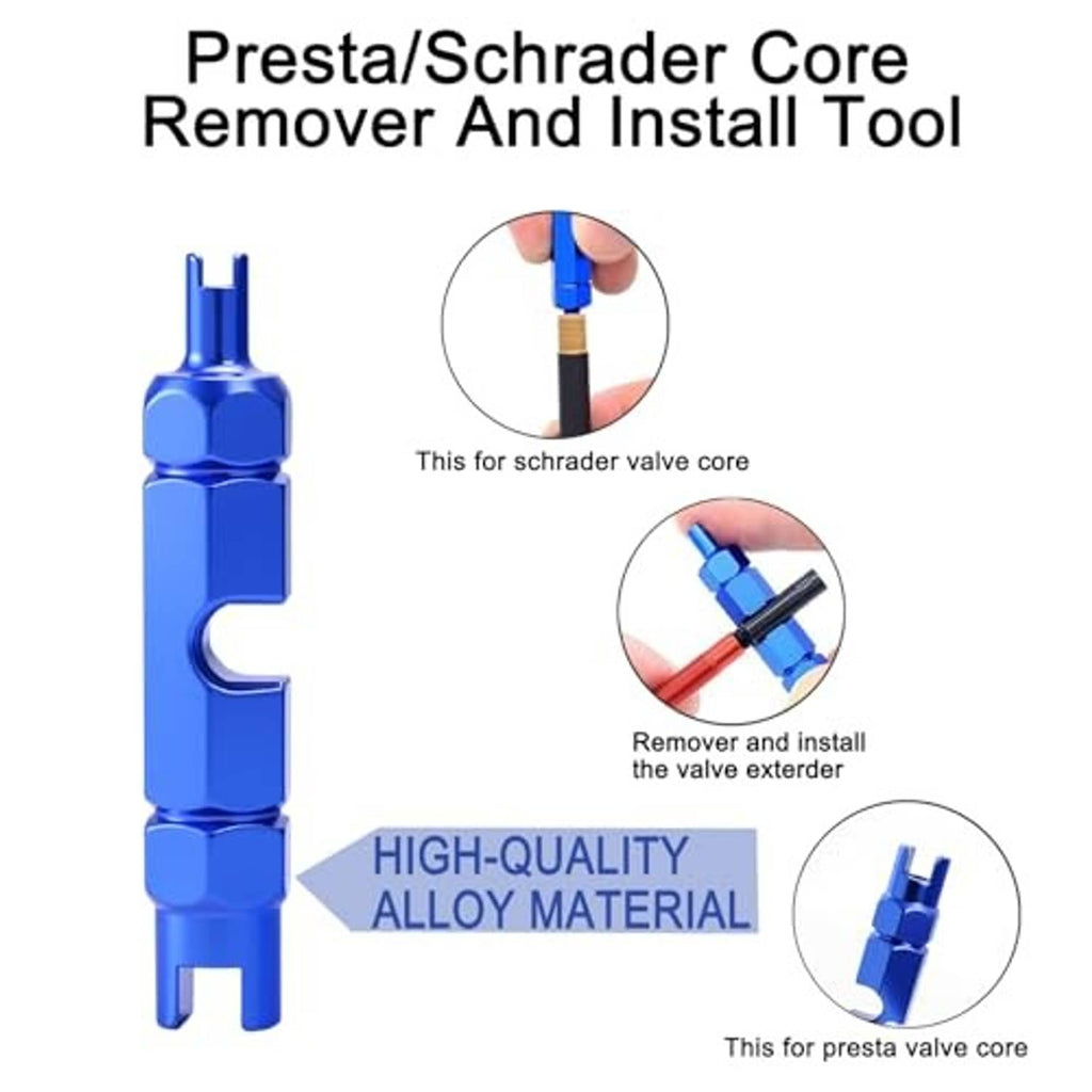 Presta/Schrader valve core remover and install tool with blue alloy handle