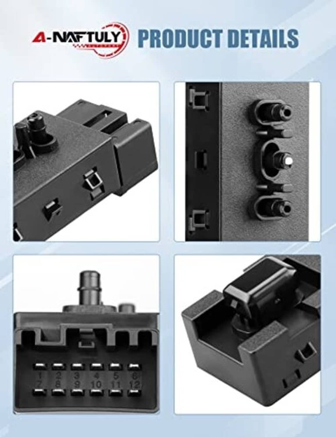 Power seat switch replacement details showing connectors, pins, and mounting housing