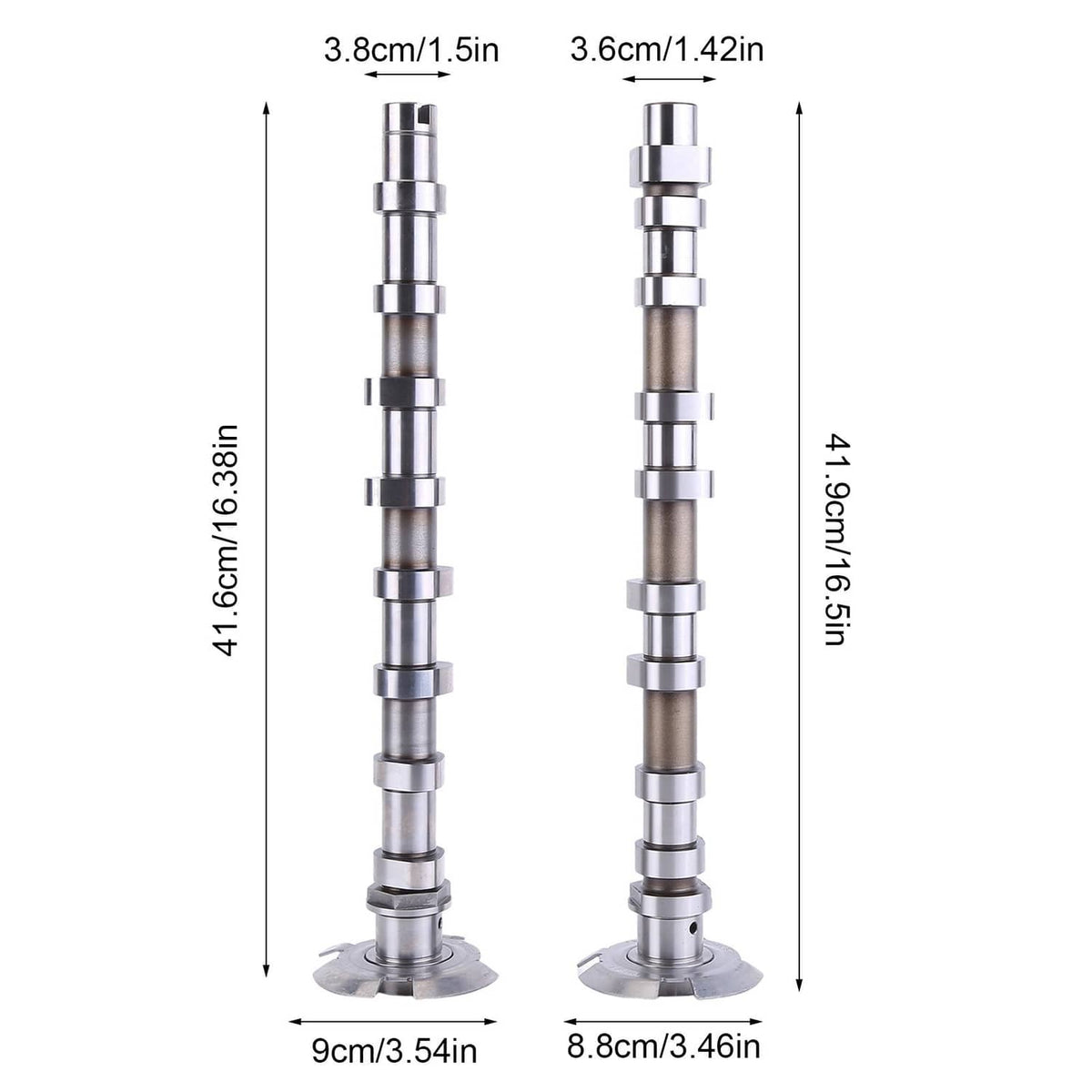 Two camshafts with stepped metal profiles and round end flanges, side-by-side