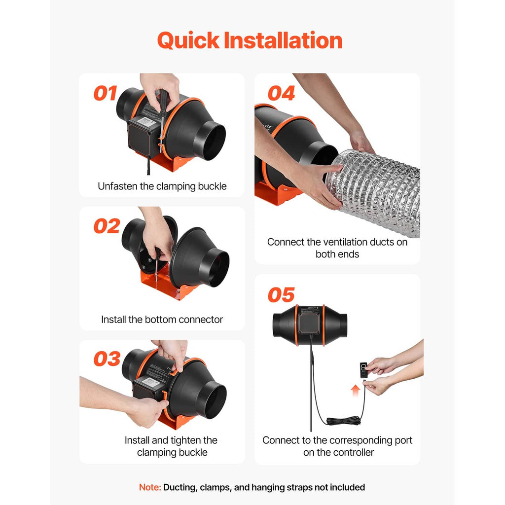 Inline duct fan quick-install steps showing duct connections and controller wiring