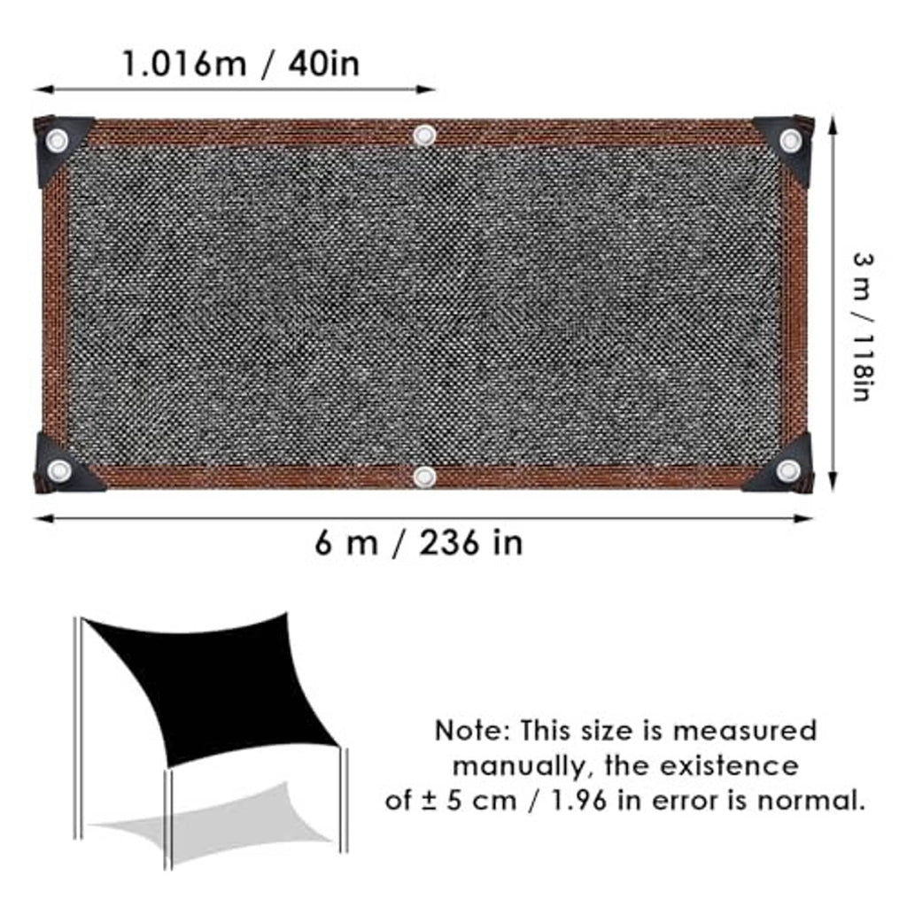 6 m x 3 m gray shade cloth mesh tarp with brown frame and corner grommets