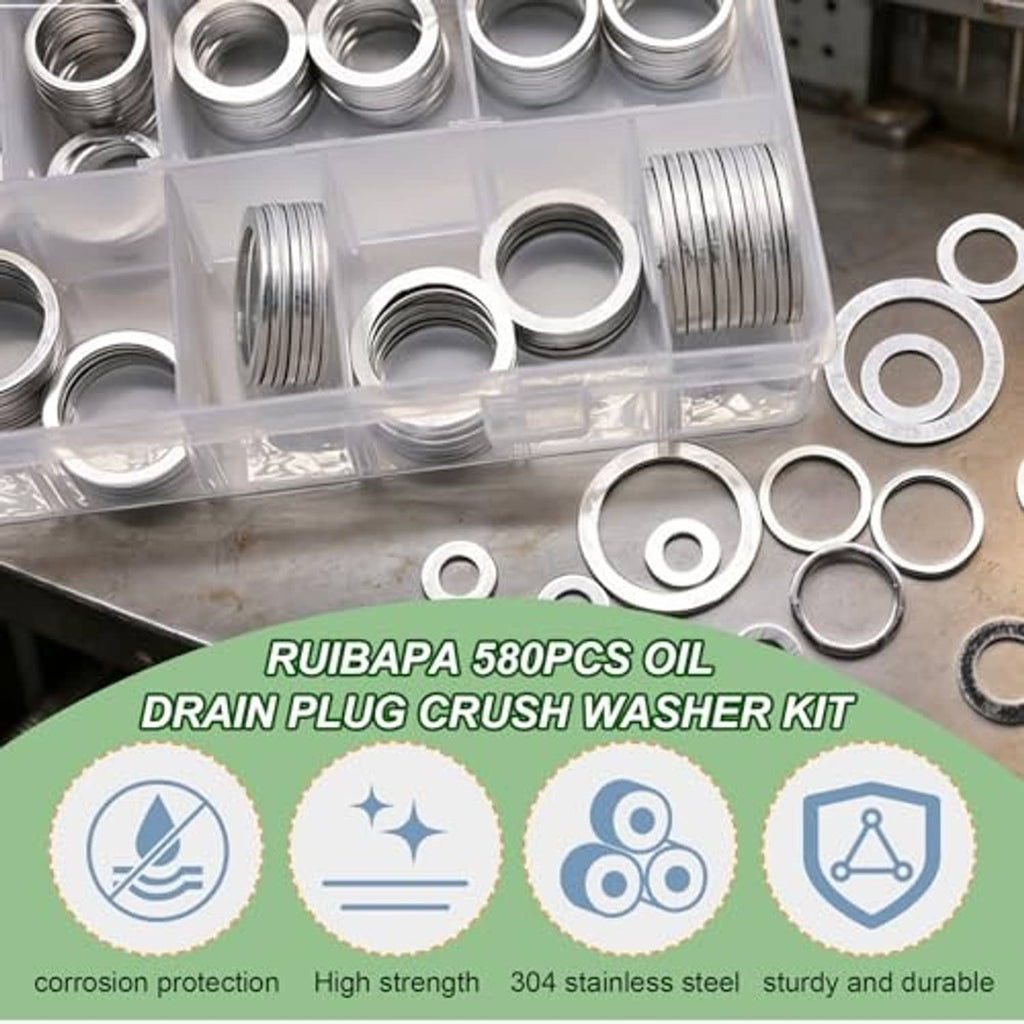 Aluminum crush washers and gasket rings, with threaded inserts, near open kit tray