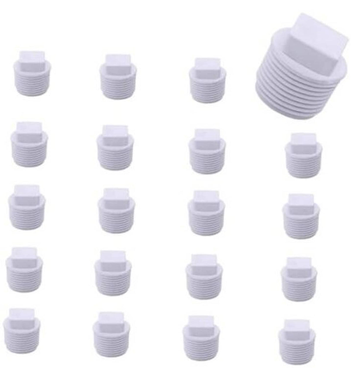 Set of PVC male threaded pipe end caps, white, 1/2 inch, stacked view