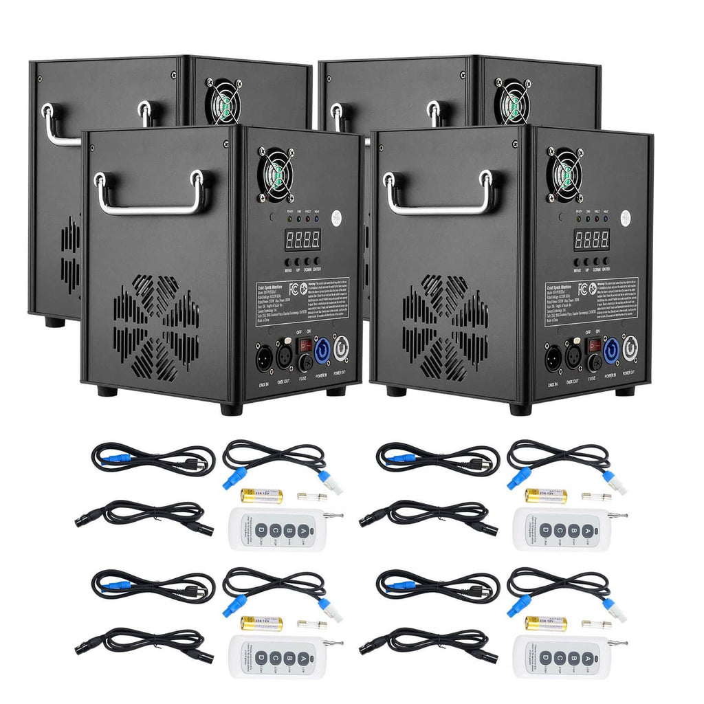 Set of four cold spark firework machines with black housings and power cables