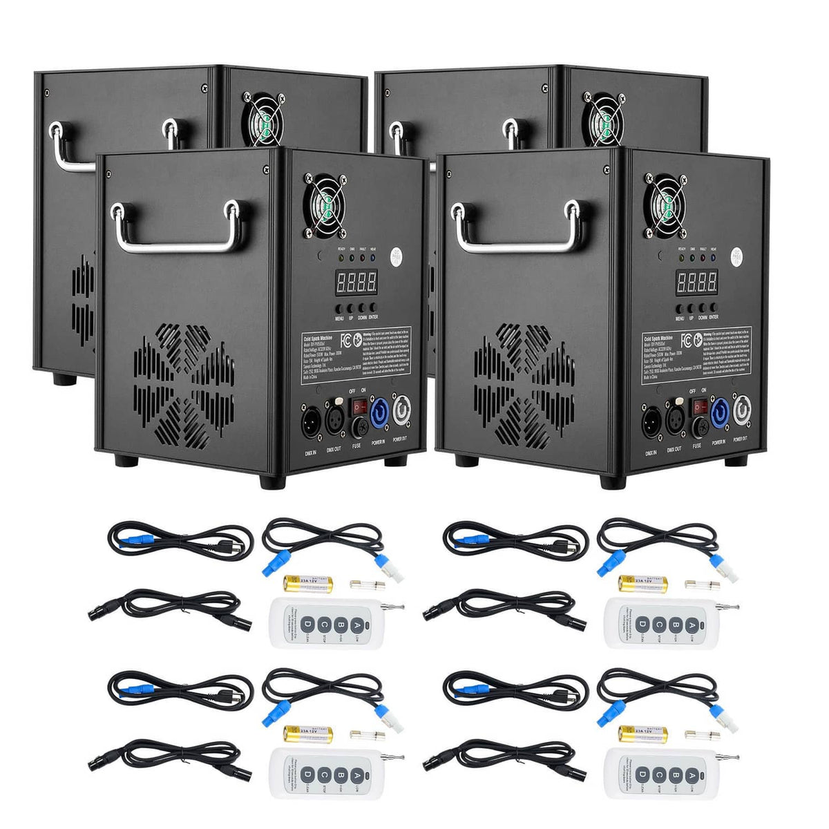 Set of four cold spark firework machines with black housings and power cables