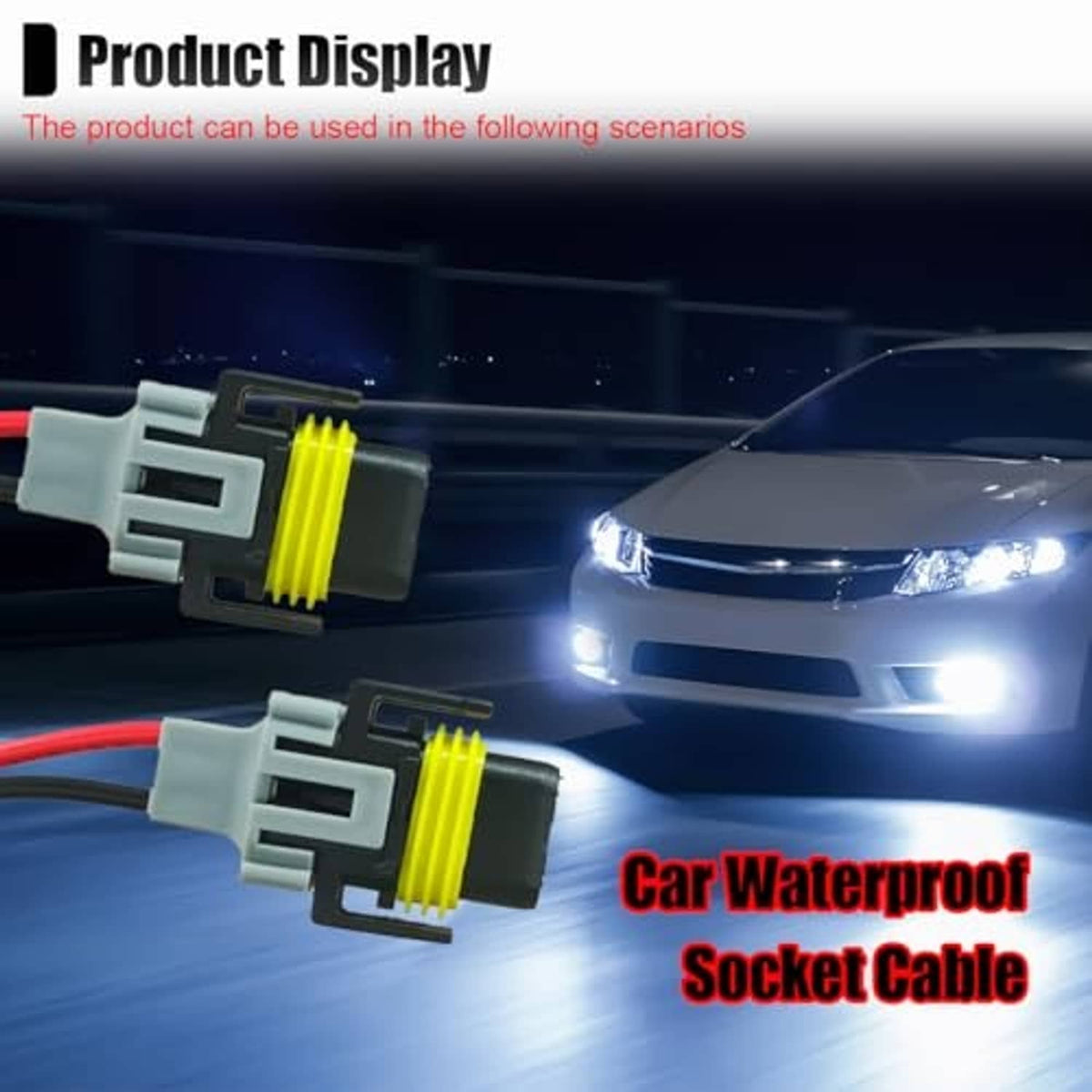 Car fog light connector shown with wires: gray plug, yellow ring, red and black cables