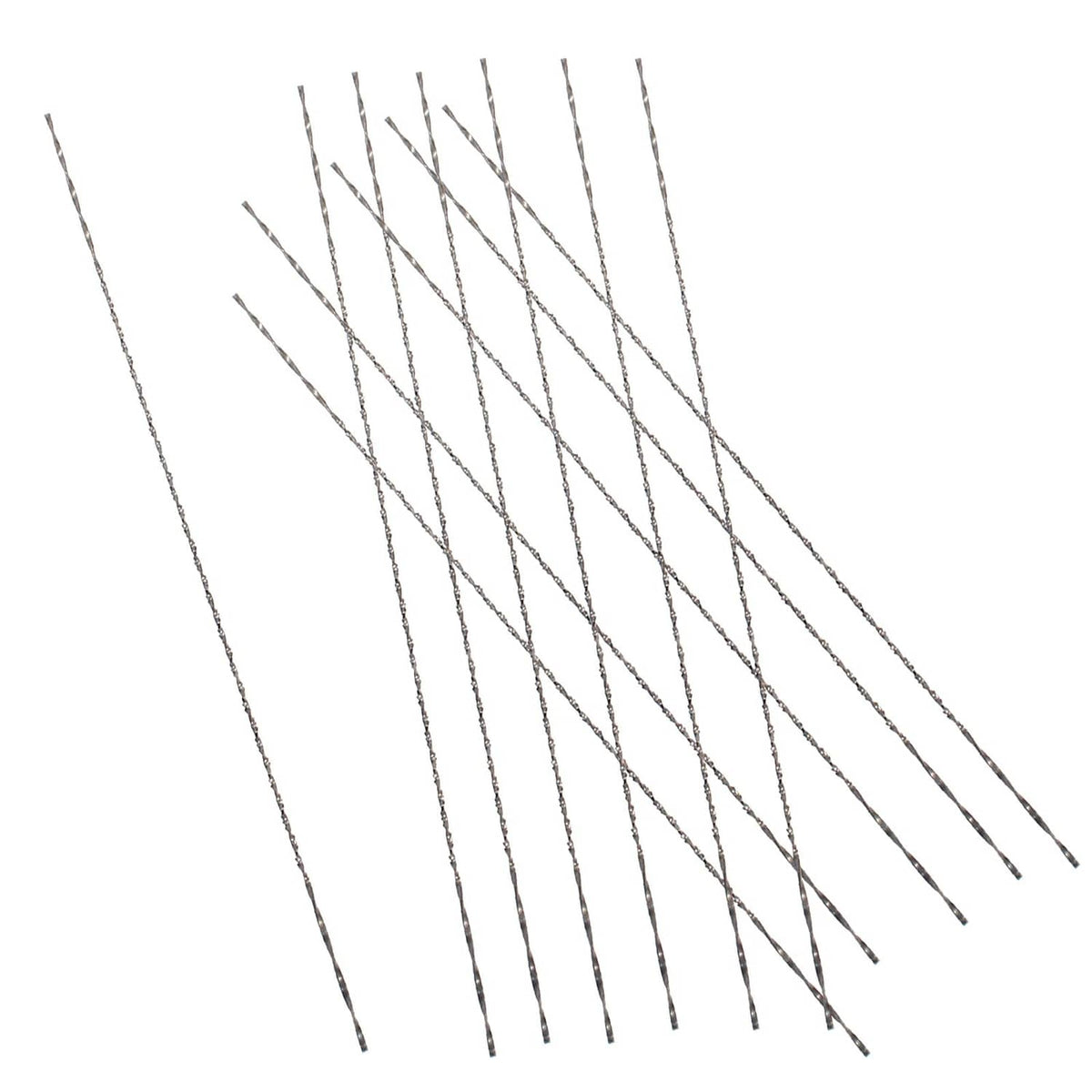 Assorted spiral scroll saw blades, silver-toned metal, plain ends.