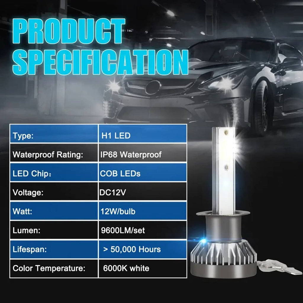 H1 LED headlight bulb with tall LED module and finned aluminum heat sink