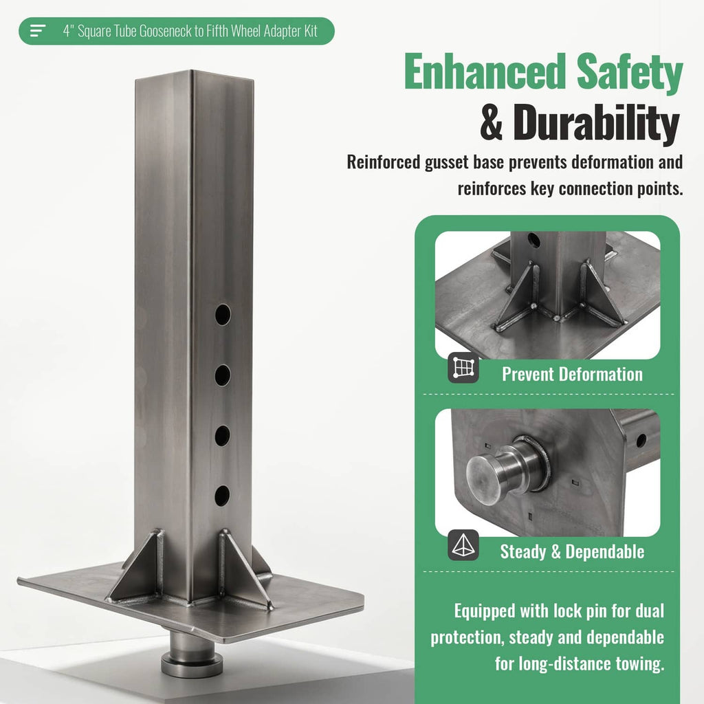 Reinforced steel adapter with gusset base, center coupler stem, and mounting holes